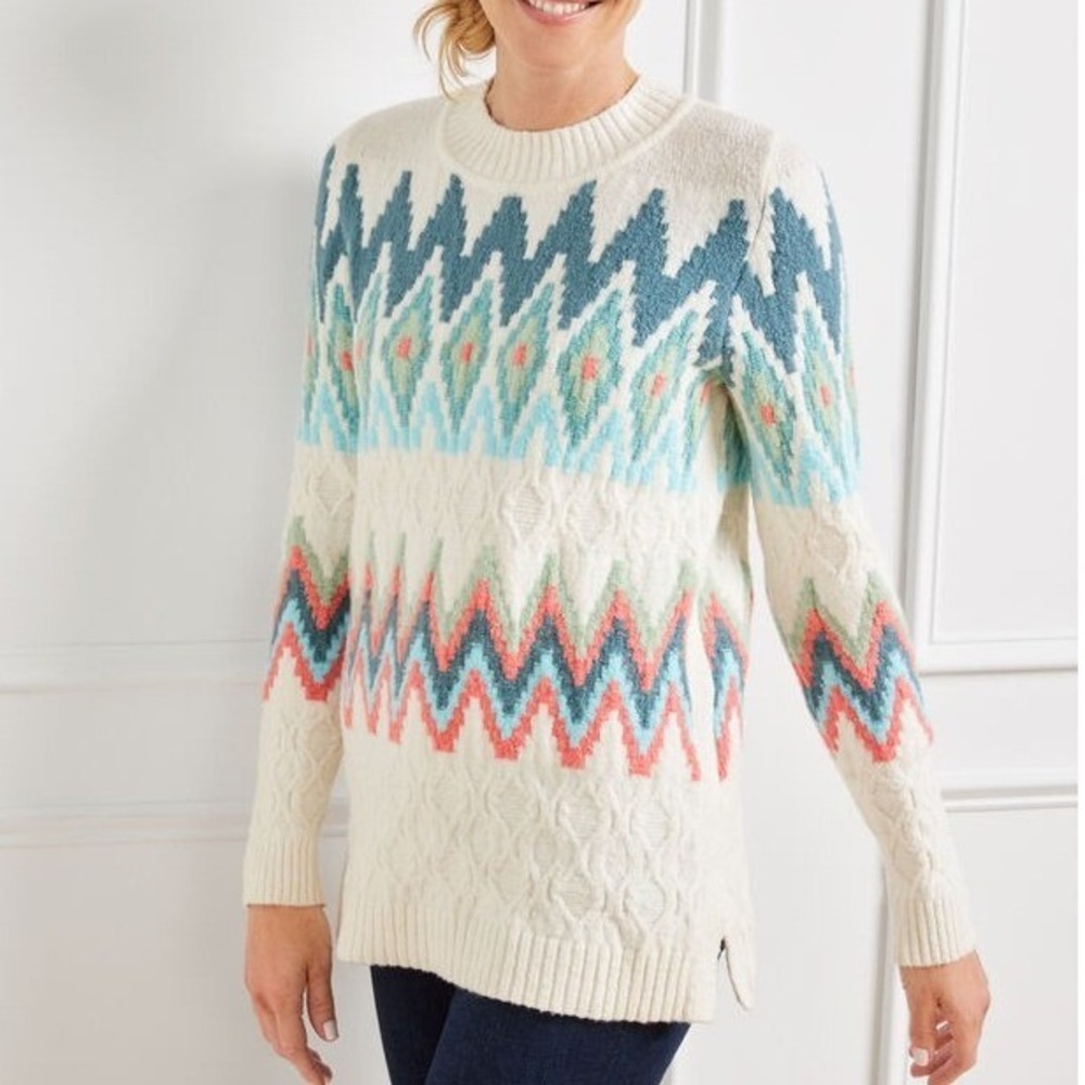 Talbots Zig Zag Fair Isle Crewneck Pullover Sweater Cable Knit Southwestern Sz M